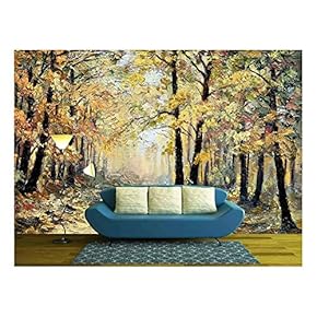 Oil Painting Landscape - Autumn Forest, Full of Fallen Leaves - Removable Wall Mural | Self-Adhesive Large Wallpaper - 66x96 inches