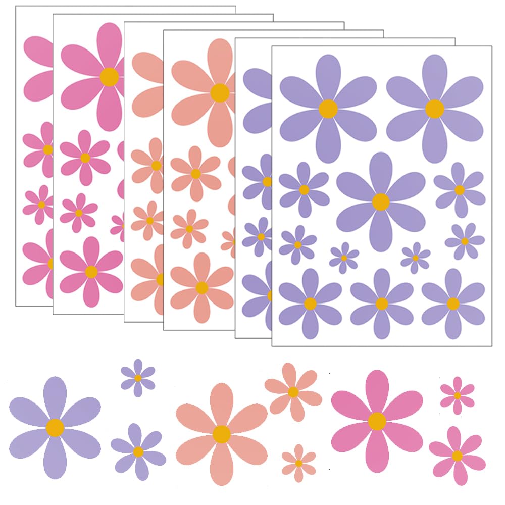 6 Sheets Flower Wall Stickers Multi-Size Daisy Walls Decals Waterproof Daisy Sticker Peel and Stick Wall Art Stickers for Kids Girls Nursery Playroom Bedroom Living Room - Pink/Purple/Orange