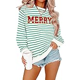 KIDDAD Christmas Sweatshirts for Women Glitter Patch Merry Christmas Letter Print Sweater Embroidered Striped Pullover Tops
