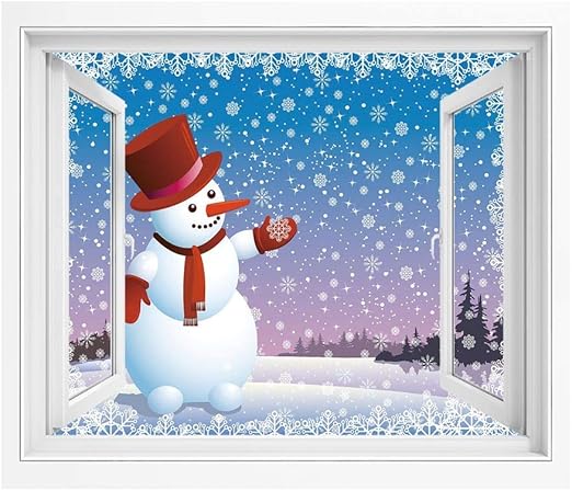 Amazon 雪だるま 偽窓ステッカー 3dウォールステッカー 90x60 Cm 雪だるまを見て漫画幸せな雪だるま冬の風景常緑樹装飾的 壁紙ポスター ステッカー 多色 ウォールステッカー オンライン通販