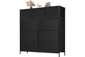 Atilioo Dresser for Bedroom with 9 Drawers, Anti-Tip Tall Fabric Chests Storage Organizer Tower Furniture with Wooden Top Metal Frame for Clothes, Closet, Living Room, Hallway, Entryway