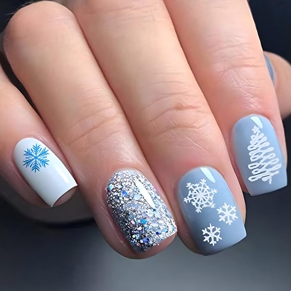 Carufin 24 Pcs Christmas Press on Short Fake Red and White Stripes Acrylic Cute Elk Snowflake Full Cover False Xmas Nail (C)