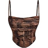 WDIRARA Women's Vintage Floral Mesh Cami Ruched Asymmetrical Going Out Tops