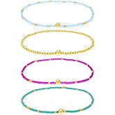 Agriajun Gold Colorful Bead Bracelet Stack Set for Women, 4pcs Trendy Handmade Adjustable Gemstone Beaded Elastic Stretch Bracelet Friendship Fashion Jewelry Gift.