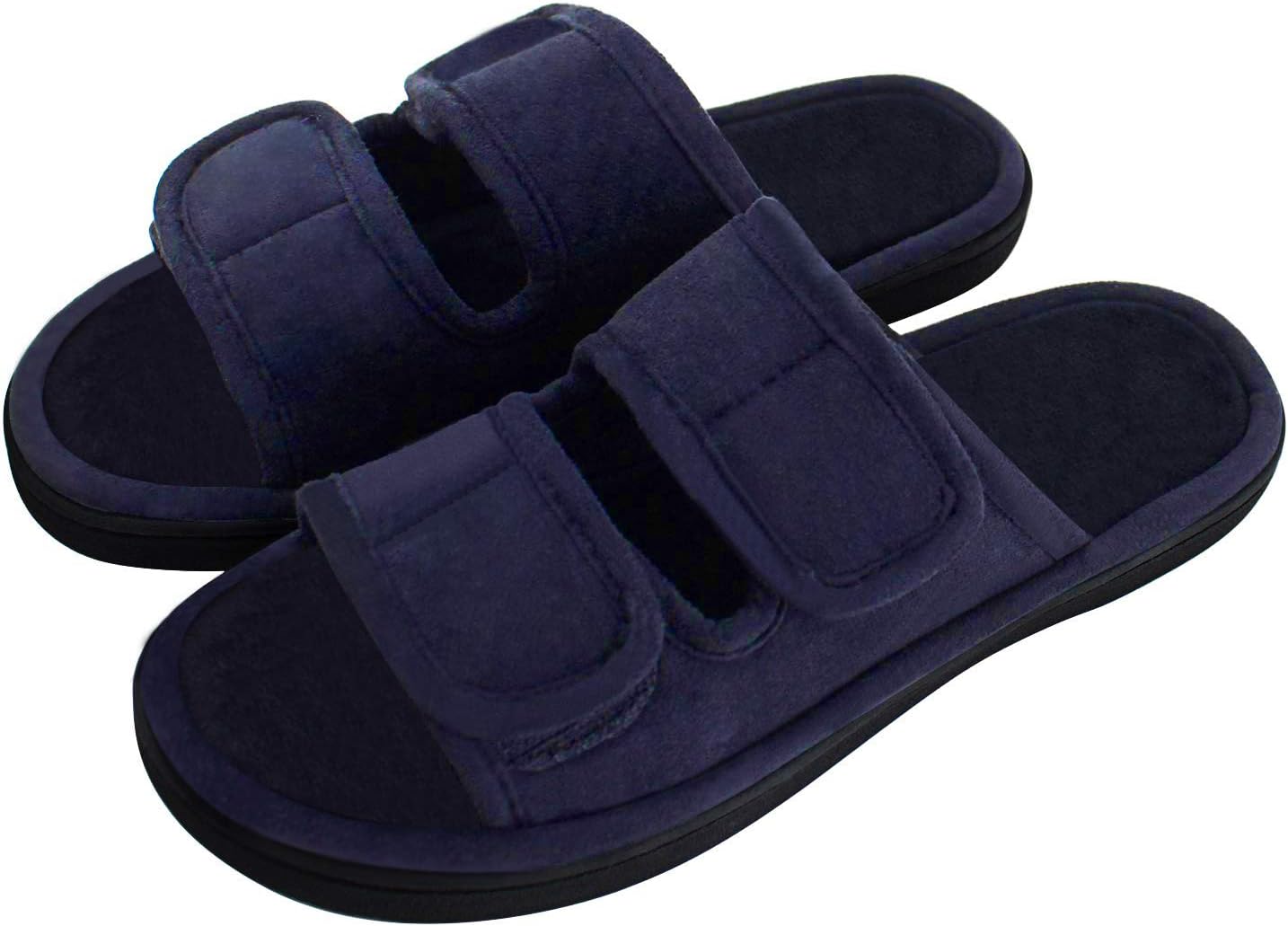 Lasiper Mens Slippers, Adjustable Open Toe Orthopedic Diabetic Arthritis Edema Flat Swollen Summer Slippers, Washable Memory Foam Non Slip Indoor & Outdoor House Slippers House Shoes