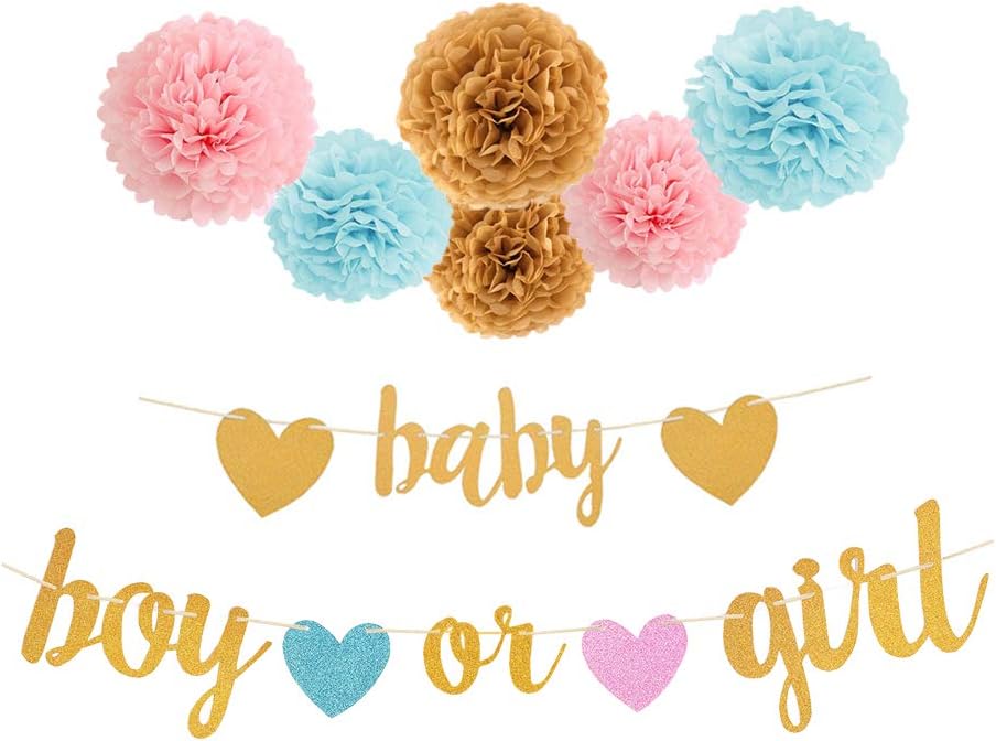 AonorGender Reveal Party Decorations - Glitter Letters BABY and BOY OR GIRL with Hearts Banner, Tissue Paper Pom Poms Set for Baby Shower Party Decorations