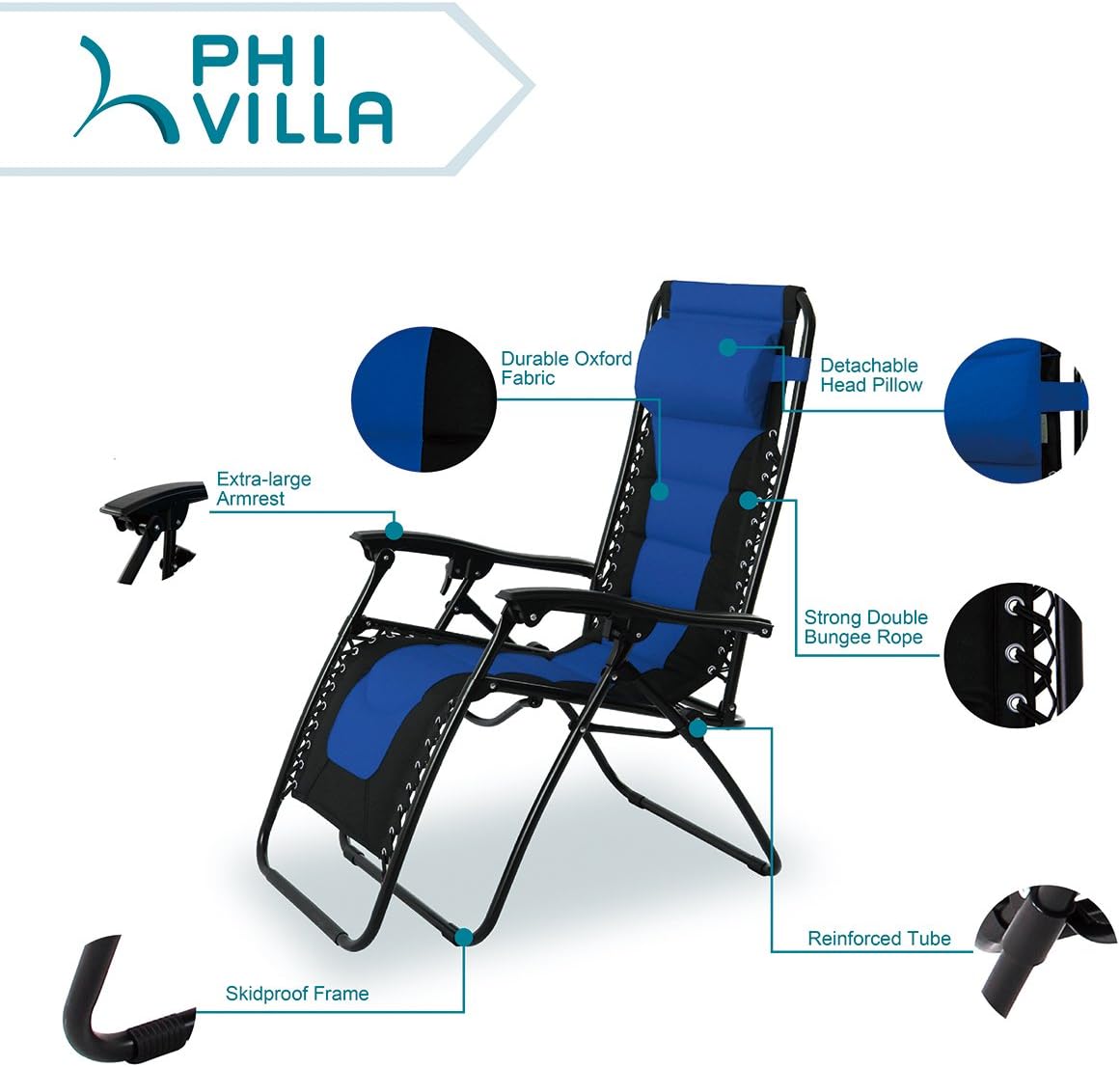 PHI VILLA Padded Zero Gravity Lounge Chair Patio Foldable Adjustable Reclining with Cup Holder for Outdoor Yard Porch Blue : Garden & Outdoor