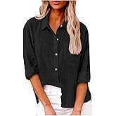 Womens Plus Size Linen Button Down Shirt Casual Long Sleeve Blouses Loose Fit Collared Work Office Tops with Pocket