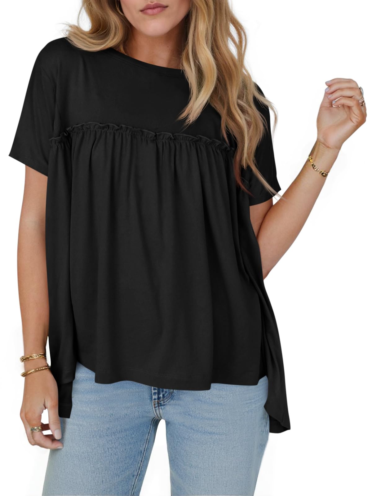 Cicy Bell Womens Summer Babydoll Tunic Tops Pleated Short Sleeve Crew ...