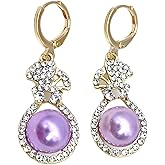 Purple Pearl Earrings for Women Crystal Pearl Hoop Earrings