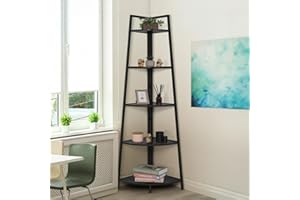 CAPHAUS Tall Corner Shelf Stand, 5-Tier Display Shelves, Ladder Corner Wood Storage Plant Bookshelf with Metal Frame, Versatile Shelving Unit Bookcase for Home Office Space, Black