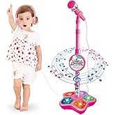 Kids Karaoke Machine with Adjustable Microphone Stand for Kids Standing Mic for Portable Singing Retractable Headset for Music & Sing-Along Flashing Stage Light Base for Aged 3-6 Boys Girls (Pink)