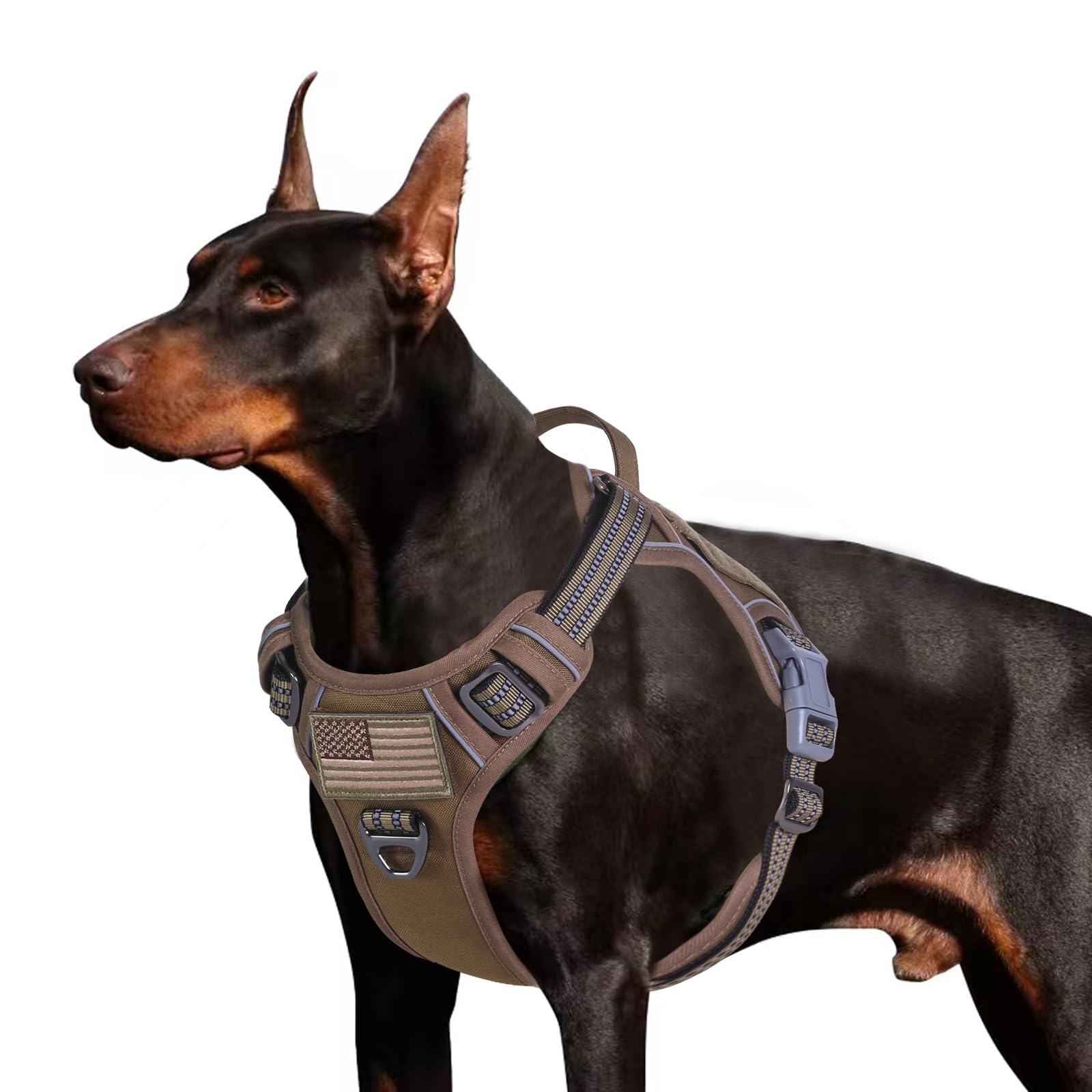 BUMBIN Tactical Dog Harness for Large Dogs, No Pull, Reflective, Brown, L(Neck:19-25", Chest:21-35")