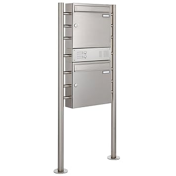 Edelstahl Design Standbriefkasten BASIC 381-VA mit Klingel- Gegensprechteil (2 Parteien)