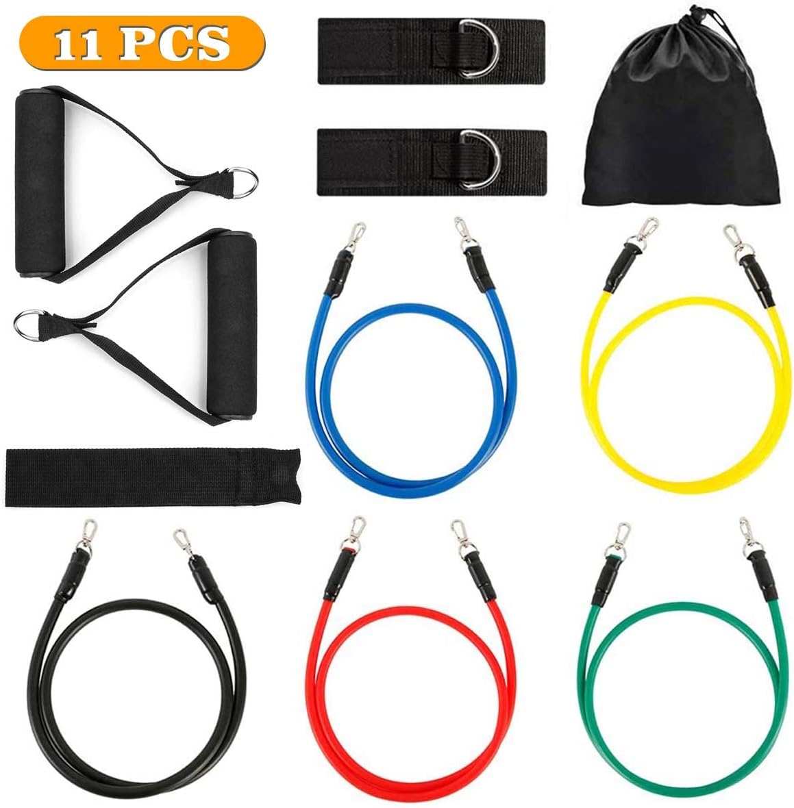Fancytimes Resistance Band Set 11 Pieces - With 5 Workout Bands, Door Anchor, 2 Ankle Straps, 2 Handle, Exercise Band Storage Bag - for Yoga, Physical Therapy, Strength Training