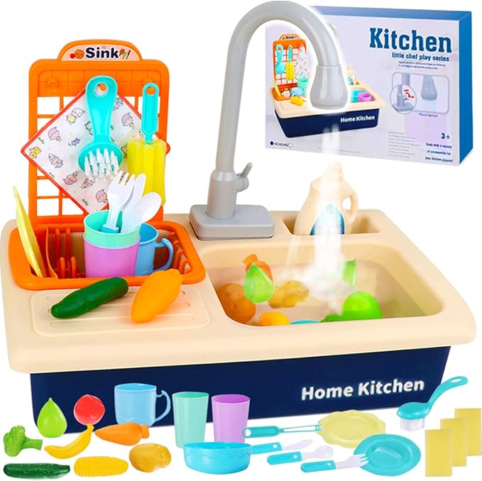 Cheffun Pretend Play Kitchen Sink Toy Running Water Dishes Washing Toys for Kids