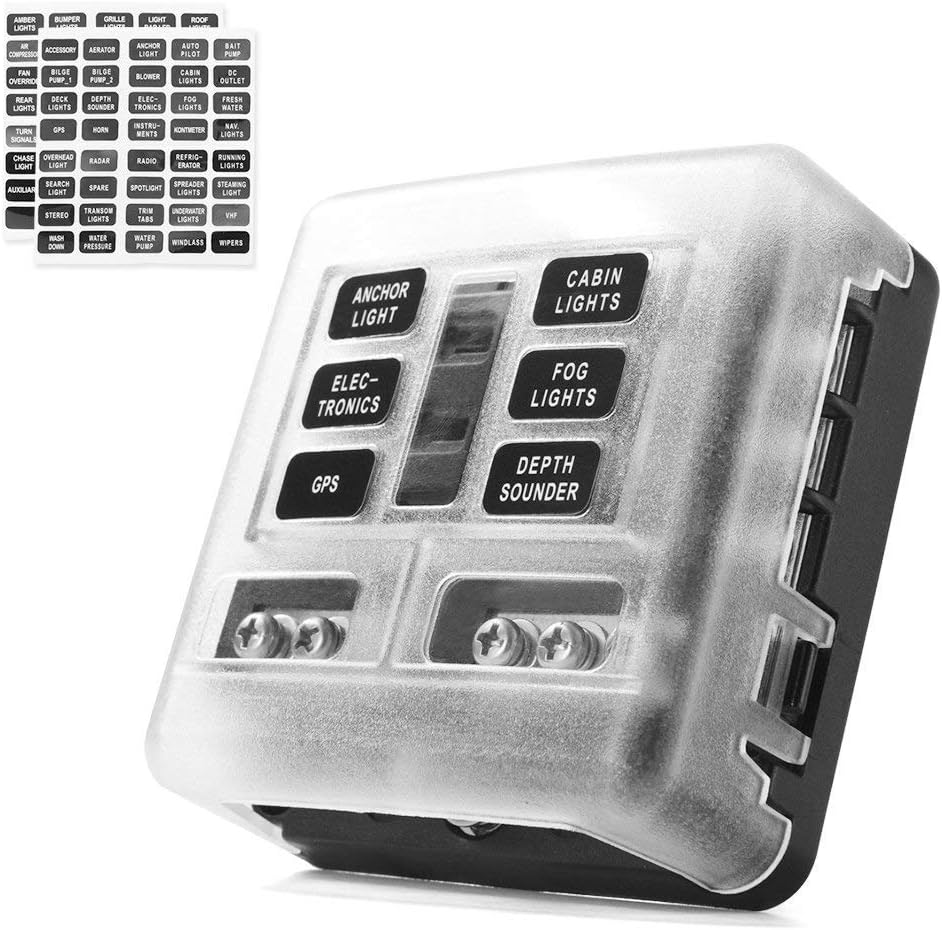 MNJ Motor 6-Way Fuse Box Holder with LED Indicator, 6-Circuit Blade Fuse Block 30A Per Circuit Durable Protection Cover Sticker Label, Compatible with Automotive Car Boat Marine SUV Bus