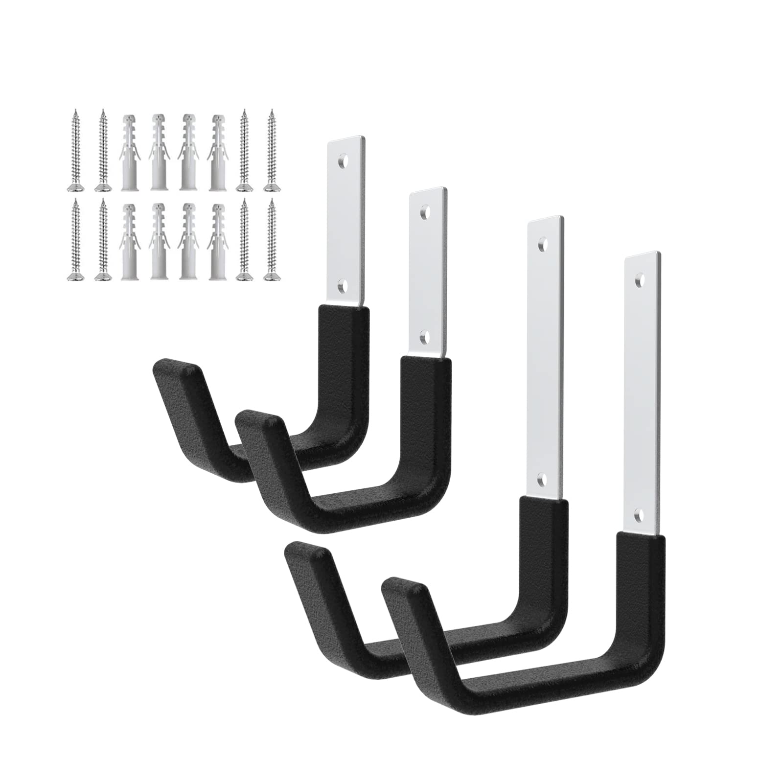 Juformin Heavy Duty Utility Hooks for Garage Storage, 4 J-shape Hooks, Silver and Black, Wall Mount, Steel, PVC, 50 LB Max Capacity, Indoor/Outdoor Use