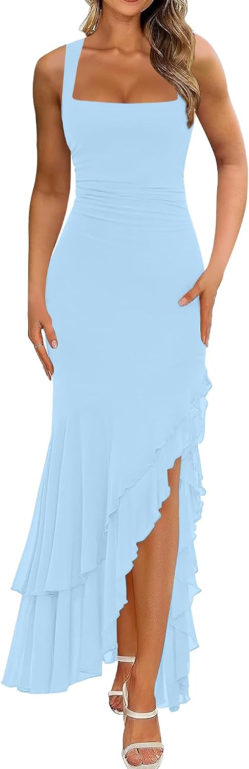 BORIFLORS Women's Elegant Bodycon Ruched Maxi Cocktail Dress Mesh Sleeveless Mermaid Ruffle Beach Wedding Guest Long Dresses