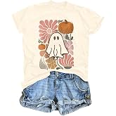 Womens Ghost Pumpkin Flowers Shirt Fall Pumpkin Vintage Flowers Tshirt Halloween Funny Graphic Casual Basic Tee
