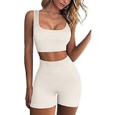 QINSEN Workout Sets for Women 2 Piece Seamless Ribbed Crop Tank High Waist Shorts Yoga Outfits