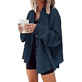CHARTOU Women's Vintage Banded Collar Button Down Baggy Loose Fit Mid-Weight Frayed Waffle Knit Shacket Shirt Tops