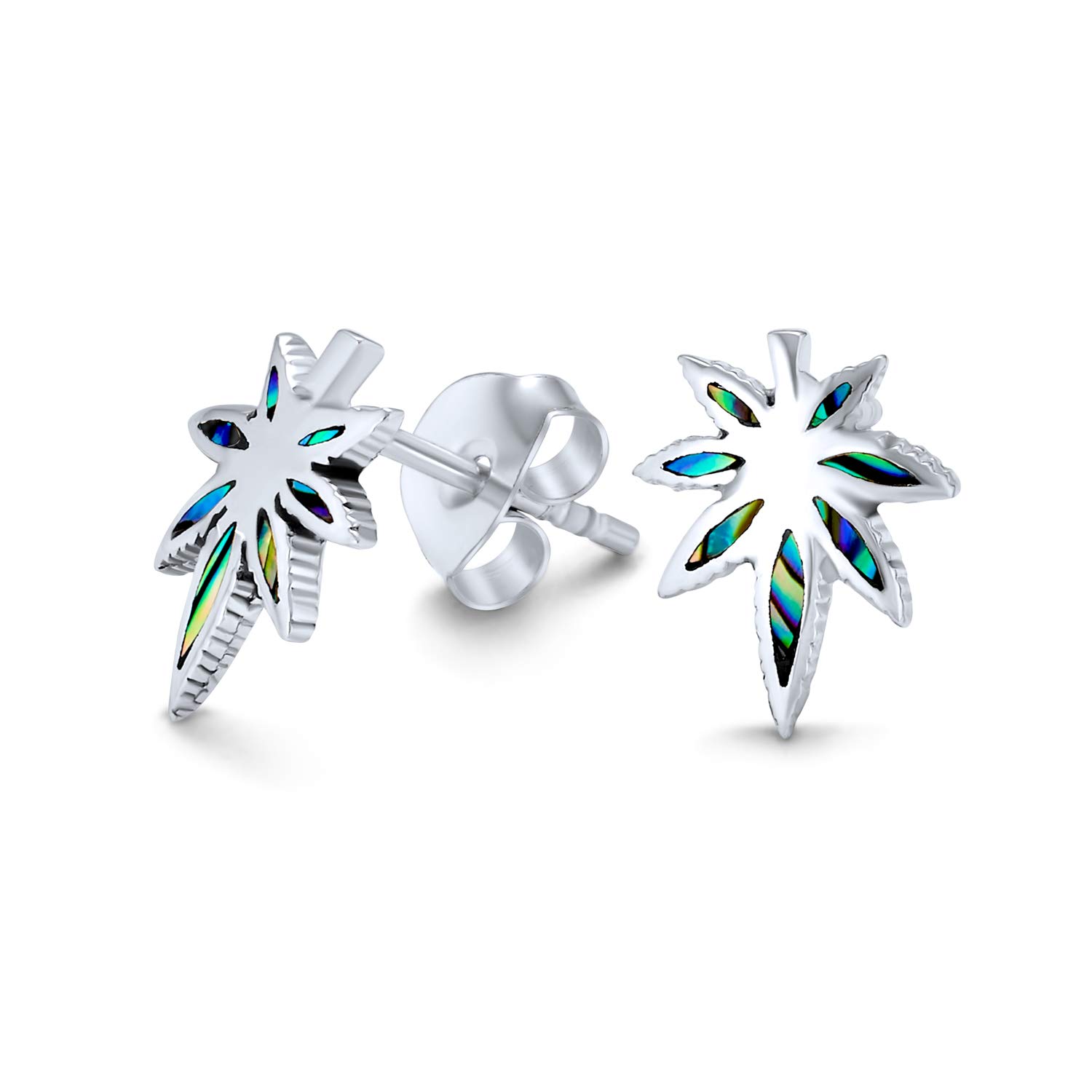 Rainbow Iridescent Inlay Abalone Shell Weed Marijuana Leaf Stud Earrings Western Jewelry For Women .925 Sterling Silver Lever Back