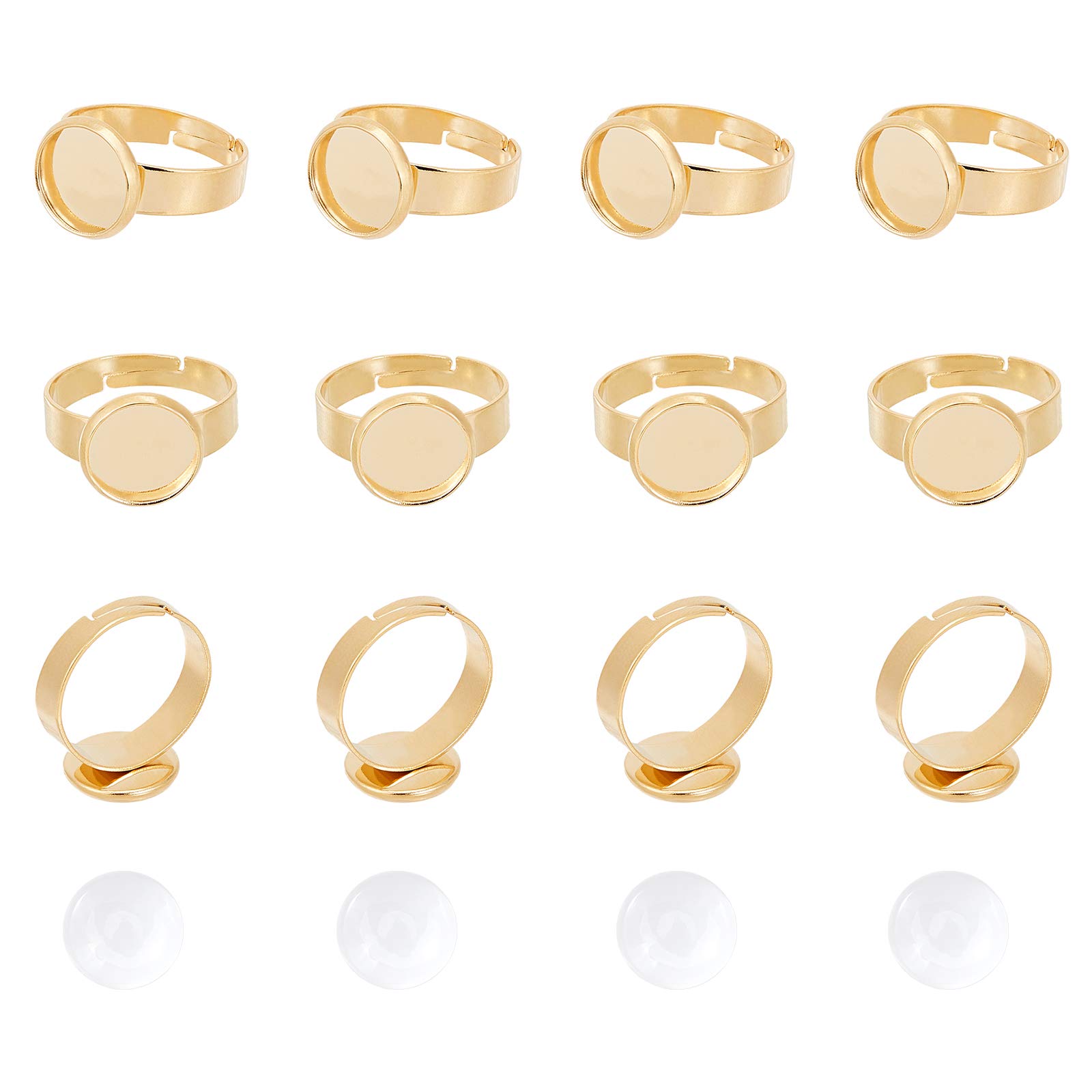 UNICRAFTALE 12 Sets 10mm Tray Golden Adjustable Finger Ring Making Kits 304 Stainless Steel Finger Rings Components and Transparent Glass Cabochons Flat Round Tray Finger Rings for Unisex Ring Making