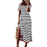 Dokotoo Womens Summer Casual Trendy 2026 Short Sleeve Maxi Dress Striped Split Vacation Color Block T Shirt Dress