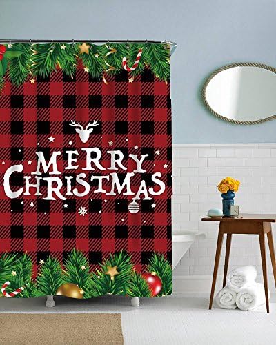 SOSHU Unique Christmas Tree Branches and Red Berries Tartan Checkered Plaid Polyester Fabric Shower Curtains Bath Decorations Bathroom Decor Sets with Hooks Extra Long 48x72 Inches