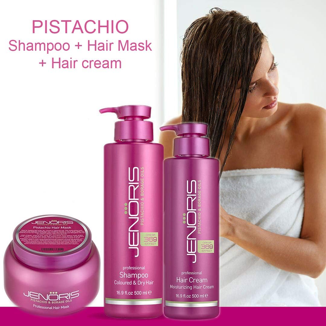 JENORIS Set Of Pistachio Shampoo For Colored & Dry Hair 500 ML And Moisturizing Hair Cream 500 ML And Pistachio And Borage Oil Professional Pistachio Hair Mask. Products For MenWomen