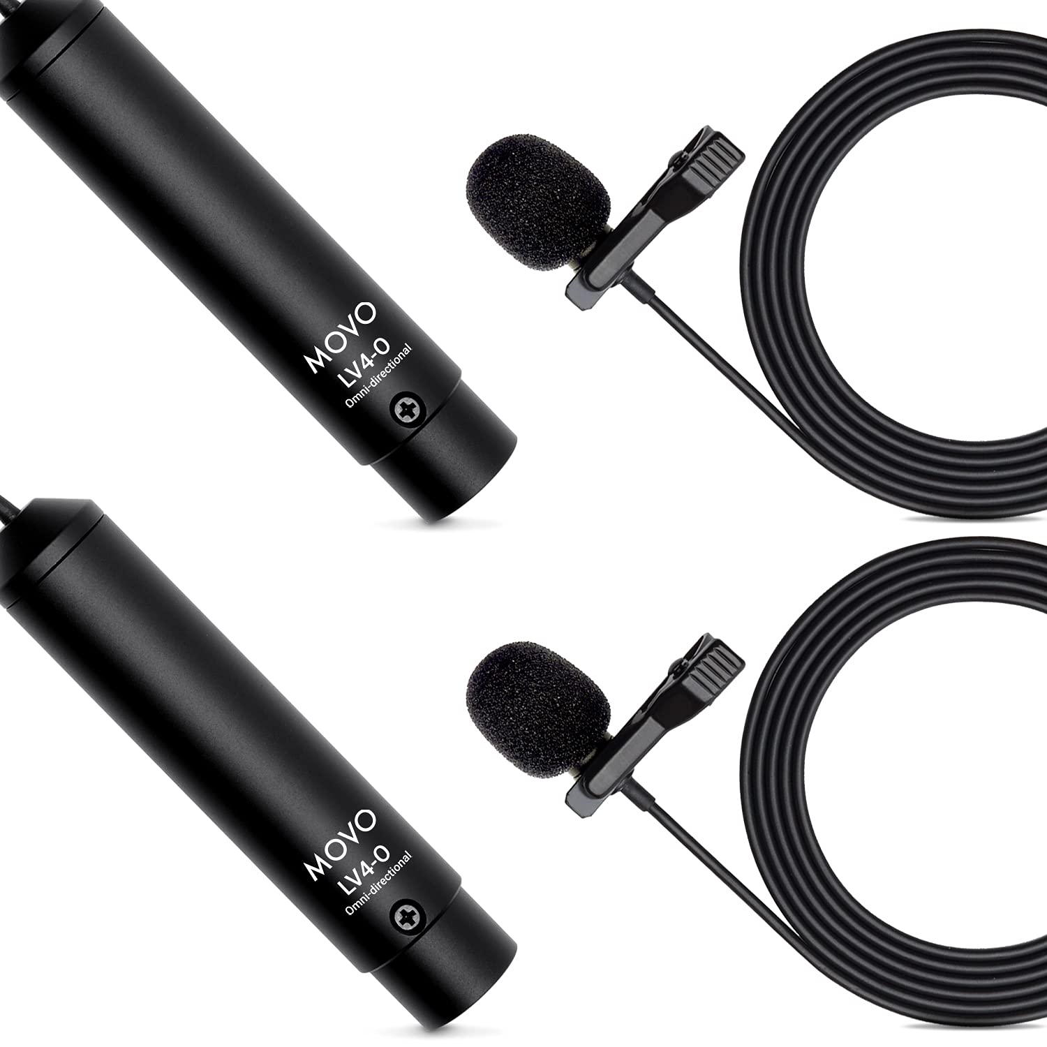 Movo LV4-O2 XLR Phantom Power Lavalier Omnidirctional Microphone, with Lapel Clips and Windscreens (2 Pack)