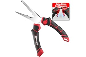 SNAIL TRAIL 7'' Fishing Pliers, Angled Head Split Ring Pliers, Auto-Open by Magnets, Corrosion Resistant Fish Hook Remover, Saltwater Crimping Shot & Wire Cutter Tool