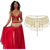 Women's Belly Dance Coin Chain Belt Dancing Hip Scarf Metal Gypsy Skirt Outfit For Halloween Costume Accessory