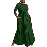 FANDEE Plus Size Women's 2 Piece Outfits Casual 3/4 Sleeve Wrap Crop Top Maxi Long Dress Flowy Matching Sets with Pocket