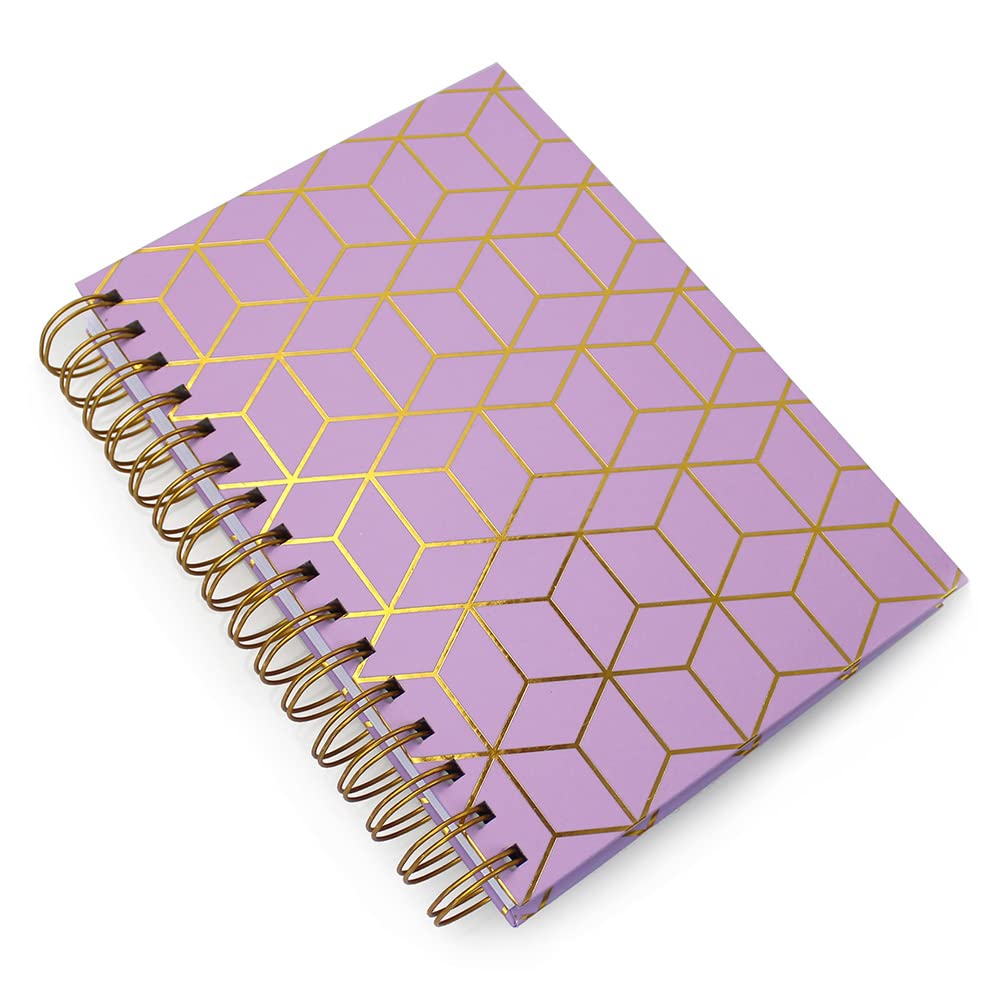 Fashion Stationery A5 Wirobound Notebooks Hardback Lined Note book Notepad Writing Journal in a Grey or Pink Metallic Gold Geometric (Lilac)