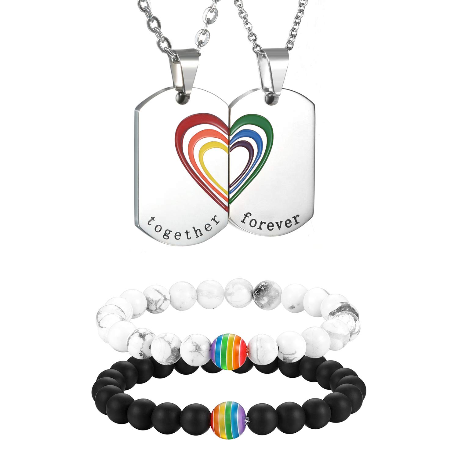 Cupimatch 2 Pairs LGBT Rainbow Couple Necklace Bracelet, Stainless Steel Love Heart Dog Tag Pendant Necklace White Howlite Black Matte Agate Oil Diffuser Beads Bracelet