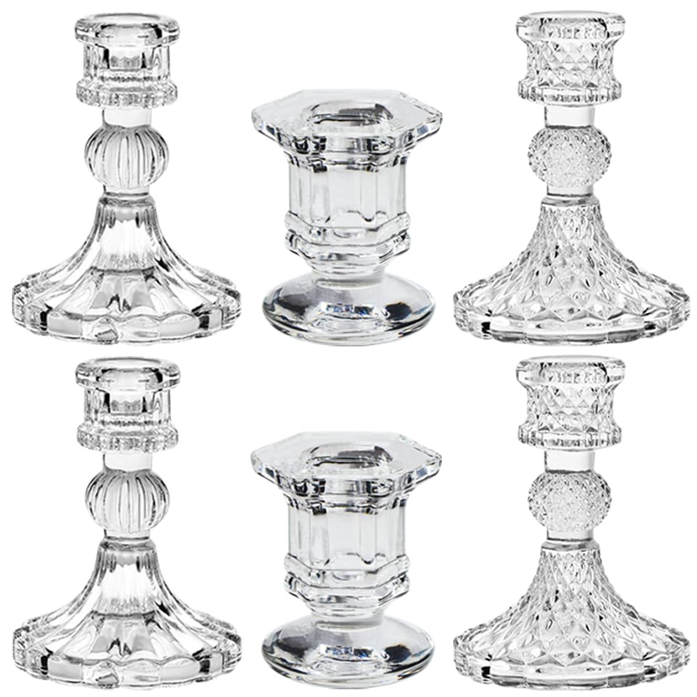 Glass Candlestick Holders Set of 6, Taper Candle Holder for Wedding Festival Christmas Party Valentine's Decor, Table Centerpieces