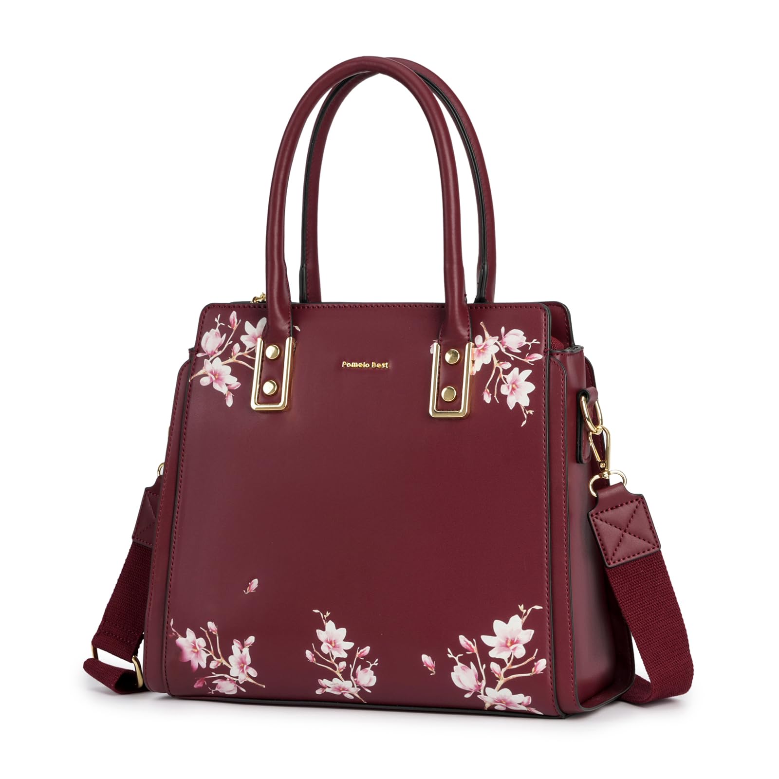 Pomelo Best Red Purses and Handbags for Women PU Leather, Top Handle Satchel Floral Tote Shoulder Bag with Adjustable Strap for ladies Image