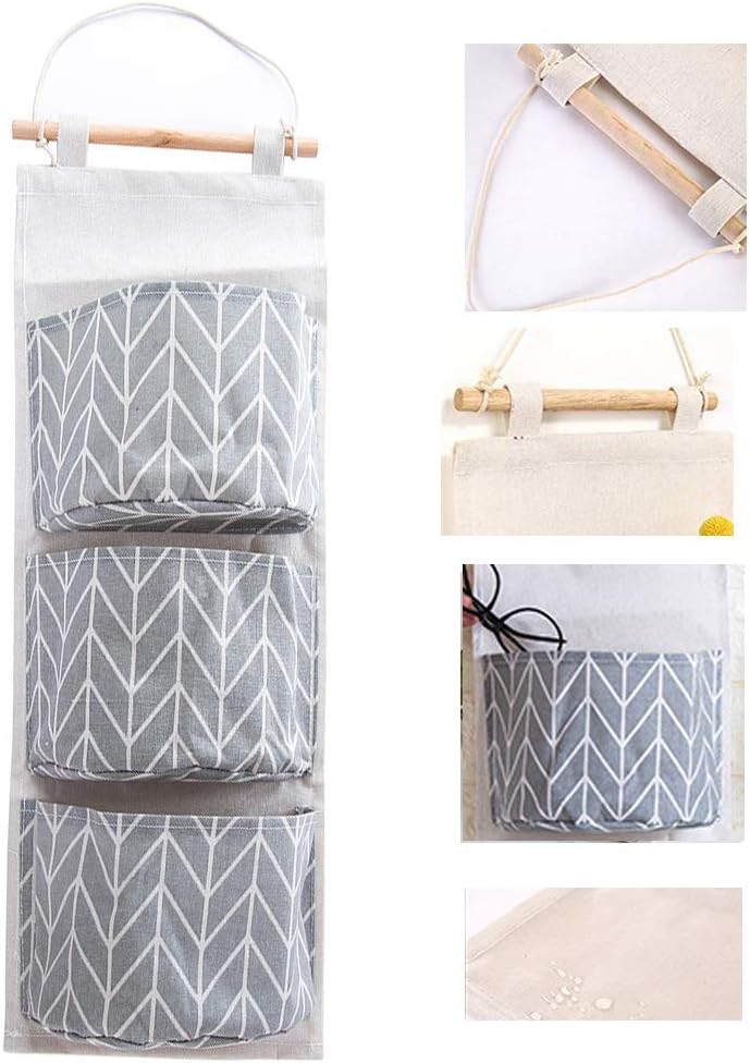 Wall Hanging Storage Bag and Waterproof Over The Door Closet Organization Linen Fabric Hanging Pocket with 3 Remote-Sized Pockets for Bedroom, Bathroom (Grey)