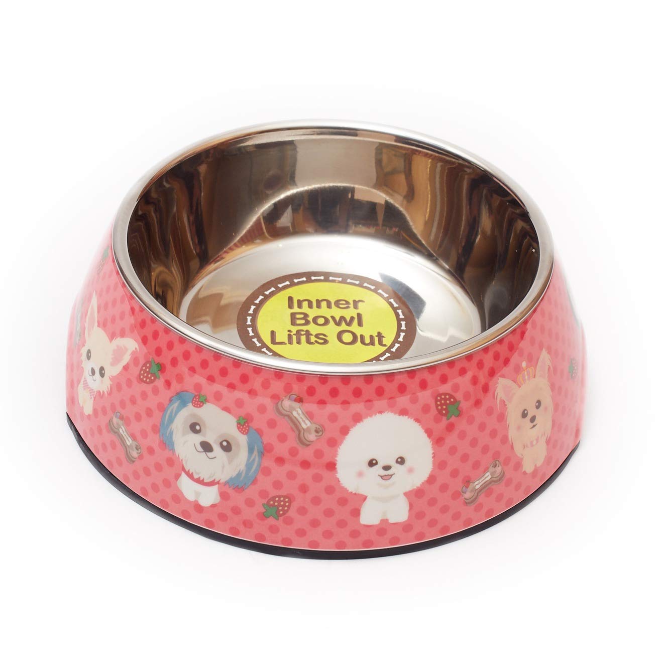 Pet London Picnic Character Dog Bowl-with lift out stainless steel inner bowl, machine washable, great for puppy or adult dog (Pink)
