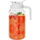 Glass Mason Jar Pitcher, 64 oz Wide Mouth Jug with Pour Spout Handle Lid for Cold Brew Coffee, Ice Beverage, Iced Juice, Lemonade, Sun Tea, Fruit Drinks Container（White）