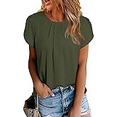 Dokotoo Women's Casual Round Neck Basic Pleated Tops Short Sleeve Loose Fit Curved Back Chiffon Blouses Tshirts