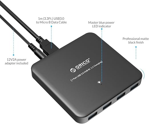 Amazon Com Orico Super Speed Usb3 0 7 Port Bc1 2 Charging Hub