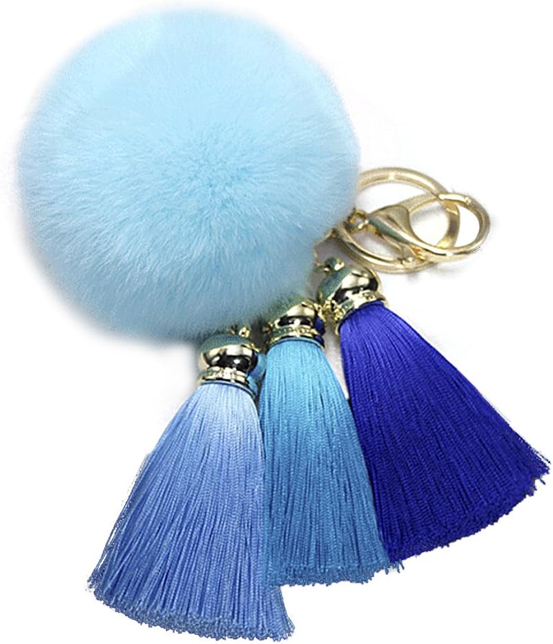 Pop Pompom Fluffy Ball Tassel Keychain Plush Keyring Charmed Gifts Hanging Decoration for Bag Phone Backpack (Blue)