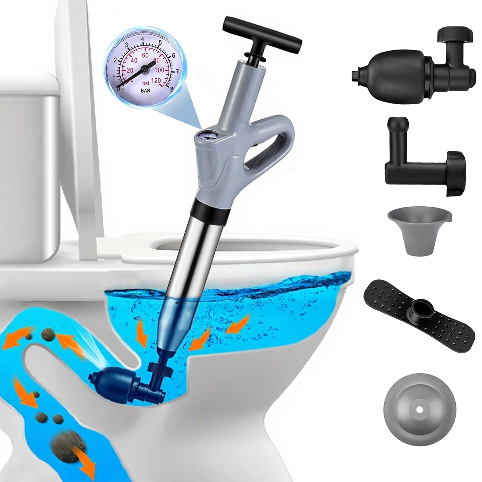 Rohrreiniger, Abflussreinigungspumpe mit Luftkompression und Luftdruckanzeige, Druckluft-Rohrreiniger mit 4 Saugnäpfen für Waschbecken, Toiletten, Bäder, Duschen und Küchen (grau)