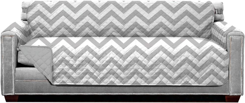 Sofa Shield Couch Slip Cover with Patented Strap, Cushion Protector, US Designed Reversible Stain and Dog Tear Resistant Slipcover, 78 inch Seat, Washable Covers for Dogs Pets, Chevron Gray