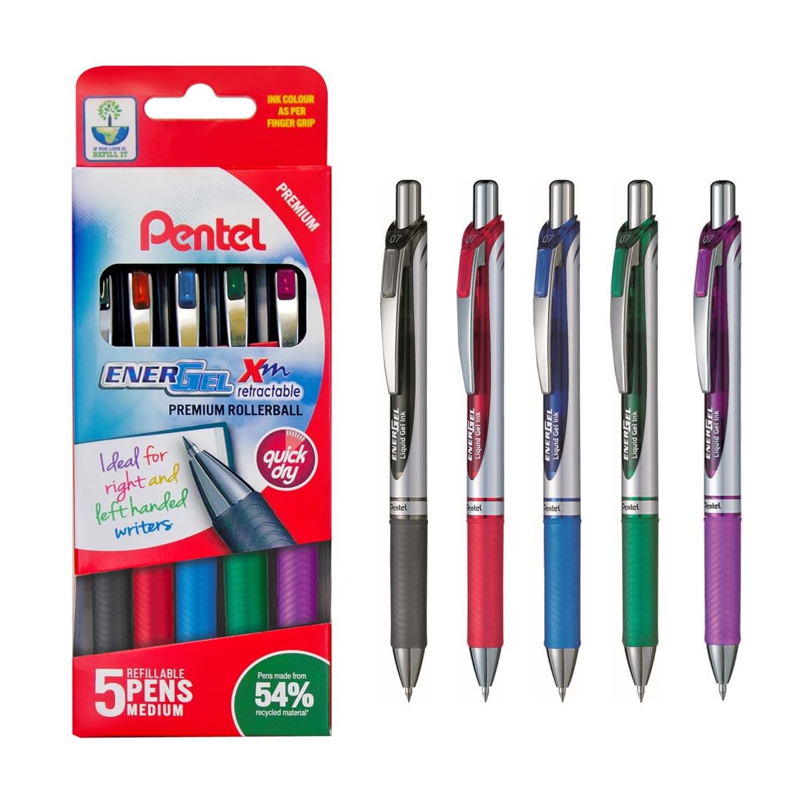 Pentel Energel XM Rollerball Pen 0.7mm Retractable Pack of 5 - Color: Assorted