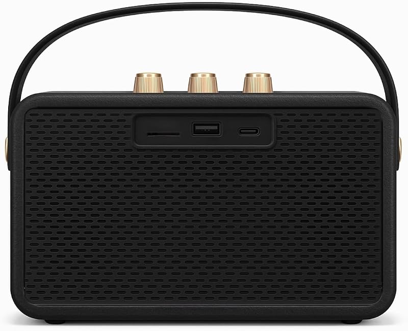 Flow Bluetooth Speaker - Coluna estéreo portátil sem fios resistente à água IP67, reprodução de 5 horas, carregamento USB-C, design retro com controlos dourados