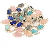 LHJ 7 Pcs Natural Stone Connectors Rectangle Shape Healing Crystal Double Loop Charms for Jewelry Making Necklace Bracelet